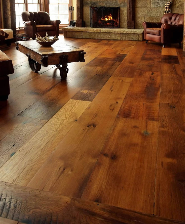Reclaimed wood flooring in living room