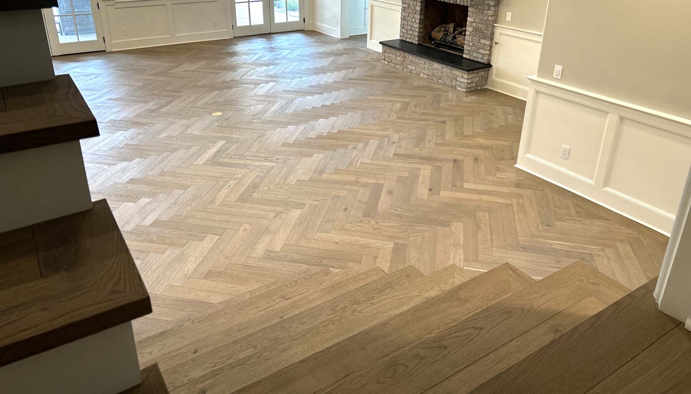 Monarch Plank Herringbone Hardwood Floor Installation Viewed From Above